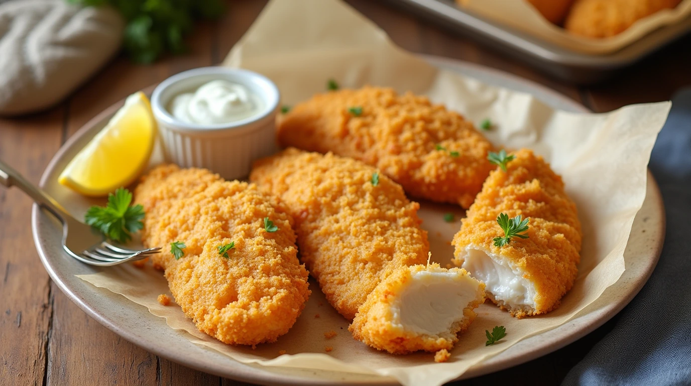 Crispy, golden-brown fish fillets made with the Long John Silvers batter recipe, served with tartar sauce, fresh parsley, and lemon wedges on a parchment-lined plate.