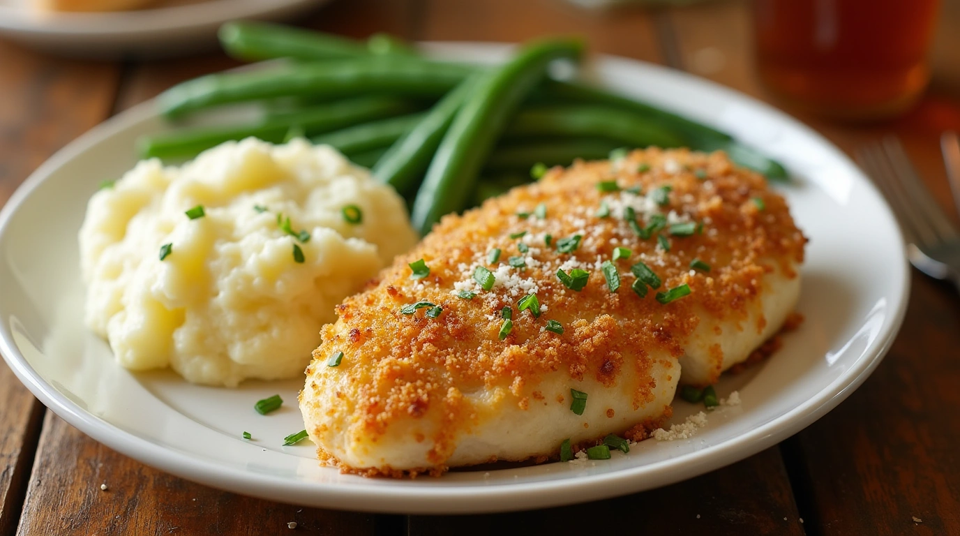 A plated serving of Longhorn Parmesan Crusted Chicken with a crispy golden parmesan crust, garnished with fresh chives and grated parmesan, served alongside creamy mashed potatoes and steamed green beans on a white plate.