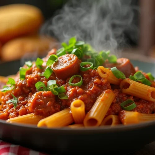 A steaming bowl of pastalaya recipe with penne pasta, chicken, and turkey sausage in a Cajun-spiced sauce, garnished with green onions and parsley on a rustic table.