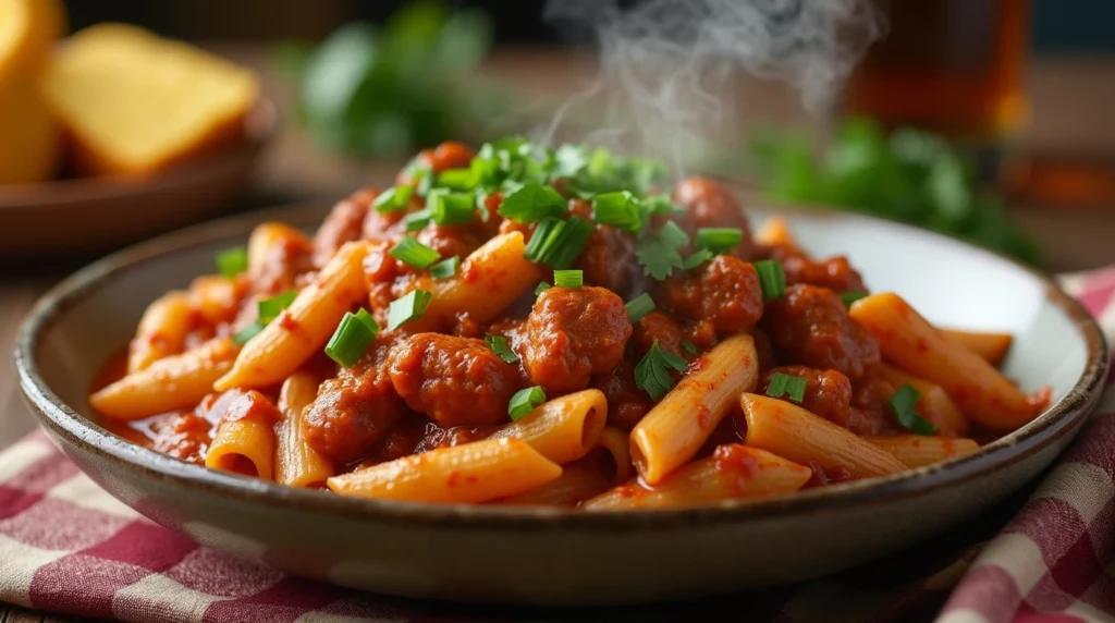 A steaming bowl of pastalaya recipe with penne pasta, chicken, turkey sausage, and Cajun spices, garnished with green onions and parsley on a wooden table.