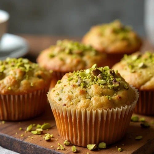 Freshly baked pistachio muffins with a golden crust, topped with crushed pistachios and chocolate chips, arranged on a wooden board with a cup of coffee in the background.