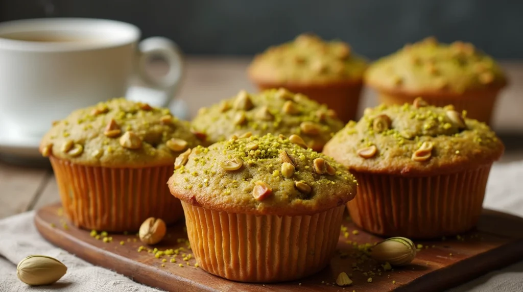 Freshly baked pistachio muffins with a golden crust, topped with chopped pistachios, placed on a wooden board with a cup of coffee in the background.