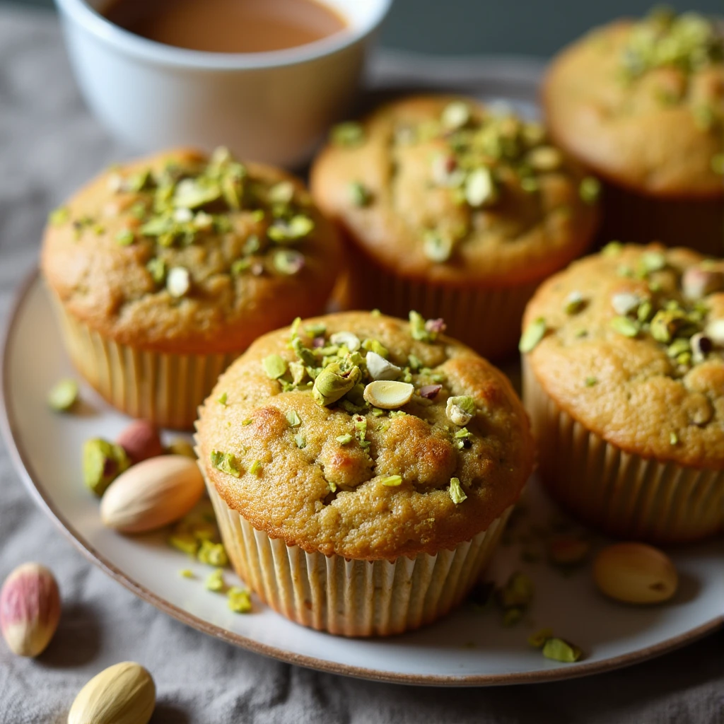 A plate of freshly baked pistachio muffins, golden brown and topped with crushed pistachios, with whole pistachios scattered around. A cup of coffee sits in the background, creating a cozy setting.