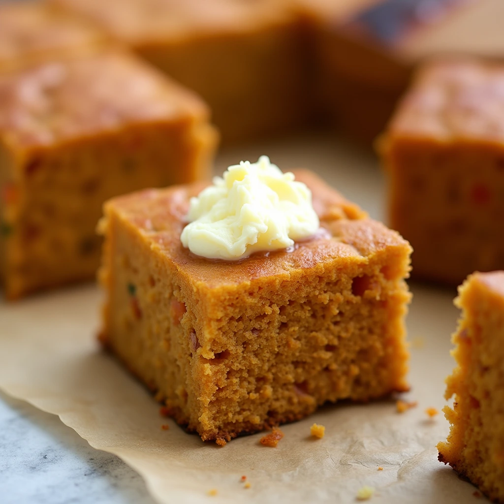 Moist and fluffy sweet potato cornbread square topped with melting butter, highlighting its golden-orange crumb and soft texture.