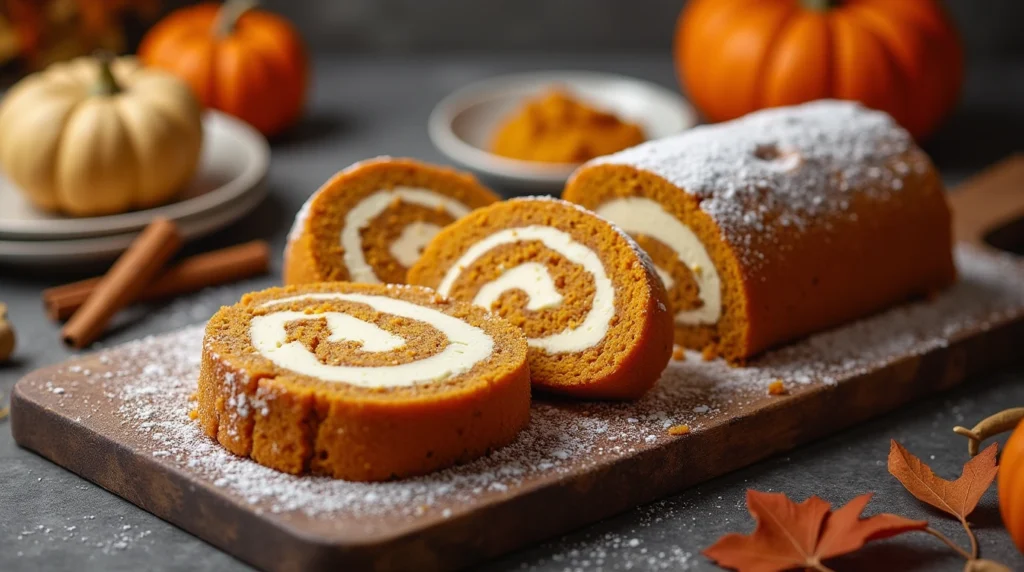 A freshly baked pumpkin roll with a creamy filling, dusted with powdered sugar, sliced on a wooden board, surrounded by autumn leaves, cinnamon sticks, and pumpkins.