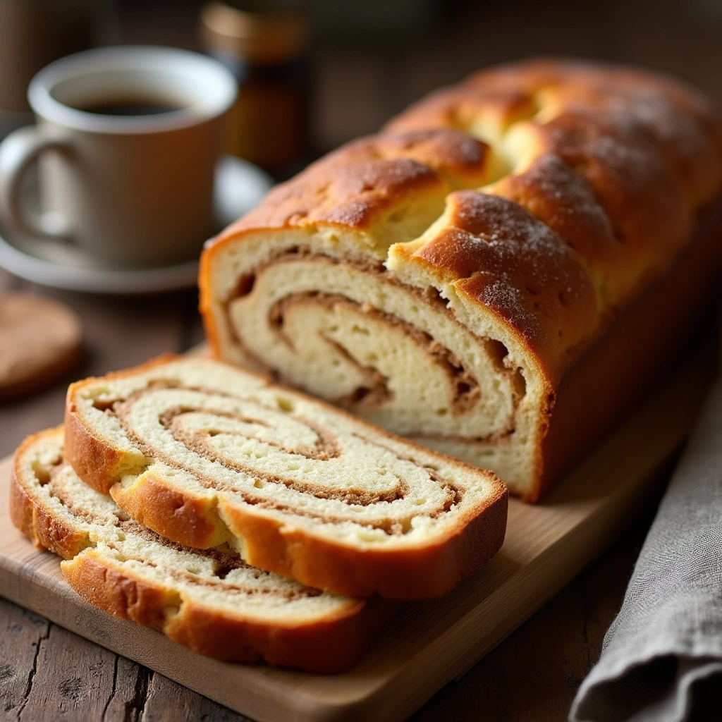 A freshly baked Amish cinnamon bread loaf with a golden crust and visible cinnamon swirls, sliced and served on a wooden board with a cup of coffee and cookies in the background.