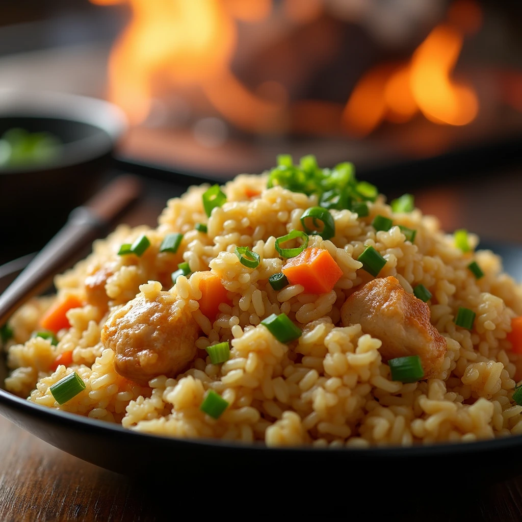 A plate of Benihana chicken fried rice, featuring golden-brown rice, tender chicken, diced carrots, and green onions, served in a black bowl with a hibachi grill fire in the background.