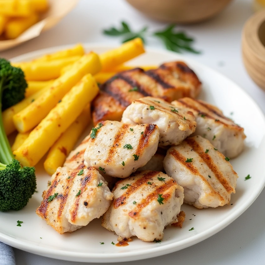 A plate of Chick Fil A grilled nuggets with golden-brown grill marks, served with crispy fries and fresh broccoli on a white dish.