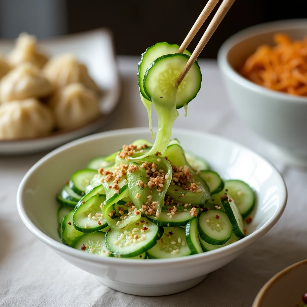 A plated Din Tai Fung cucumber salad served with dumplings and noodles, garnished with sesame seeds and chili flakes, with chopsticks lifting a piece.