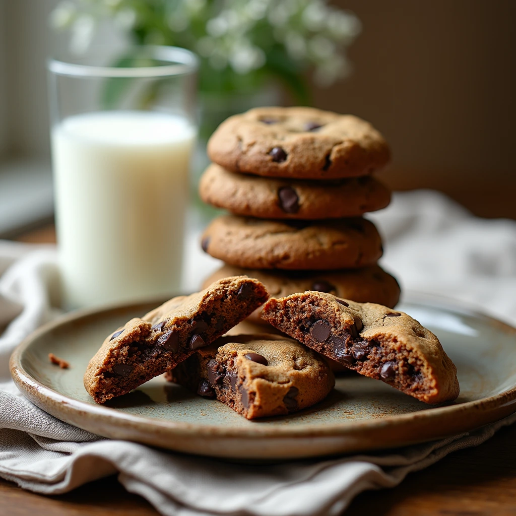 Stack of Jacques Torres chocolate chip cookies on a rustic plate, with a glass of milk and broken cookies revealing a gooey, melted chocolate center.