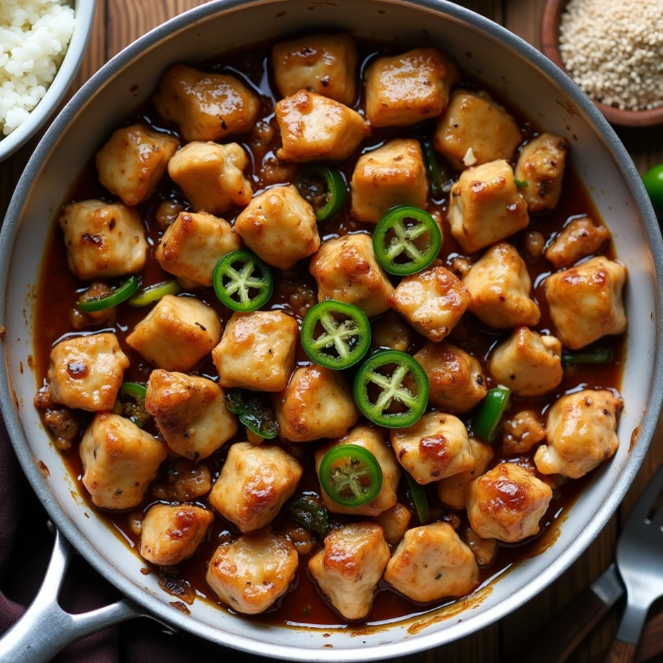 A skillet filled with golden-brown jalapeno chicken bites coated in a rich, spicy sauce, garnished with fresh sliced jalapeños, served with rice and sesame seeds on a rustic wooden table.