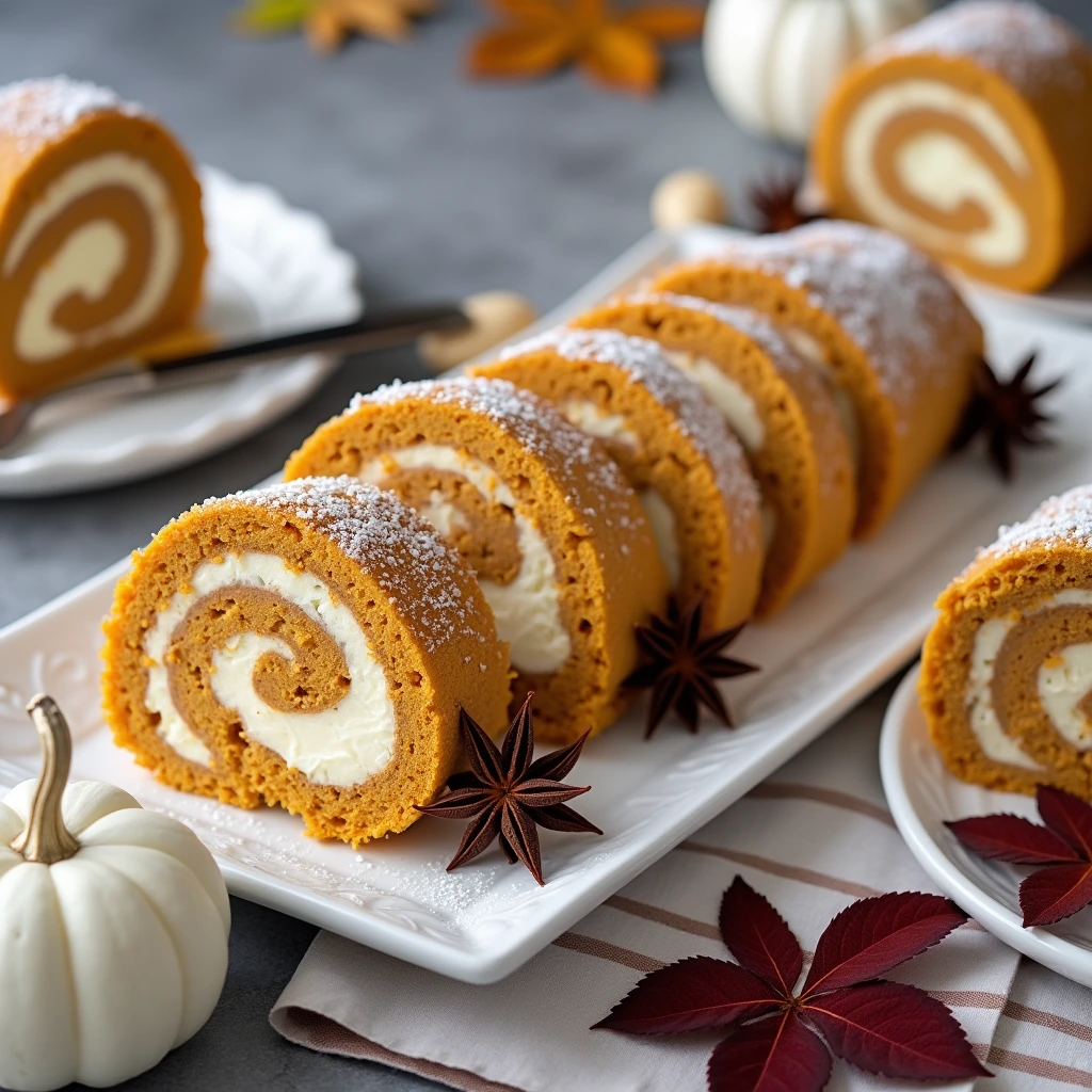 A beautifully sliced pumpkin roll with cream cheese filling, dusted with powdered sugar, arranged on a white serving platter with autumn spices and mini pumpkins.