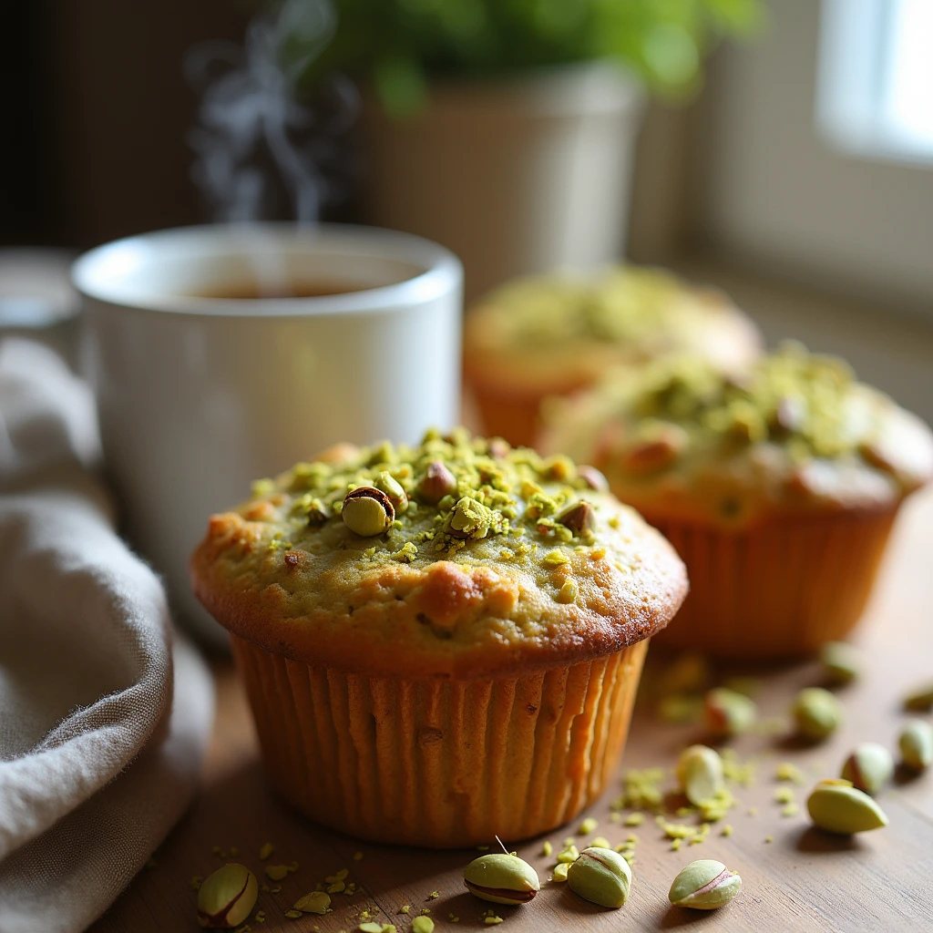 A freshly baked pistachio muffin topped with crushed pistachios, sitting on a wooden surface with whole pistachios scattered around. A steaming cup of coffee and additional muffins are blurred in the background, creating a cozy serving suggestion.