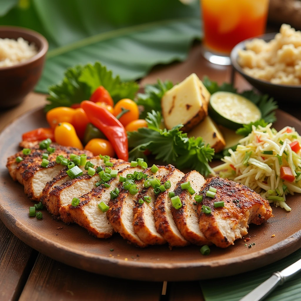 Sliced pulehu chicken served with coconut rice, grilled vegetables, and tropical slaw on a rustic wooden platter for a Hawaiian-style meal