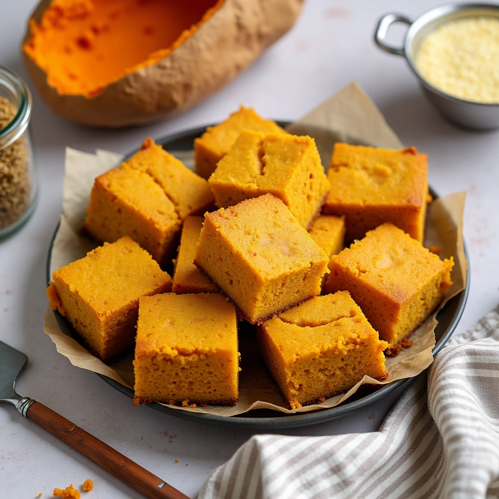 Freshly baked sweet potato cornbread squares on a parchment-lined plate, showcasing their moist, golden-orange crumb, with sweet potato and cornmeal ingredients in the background.