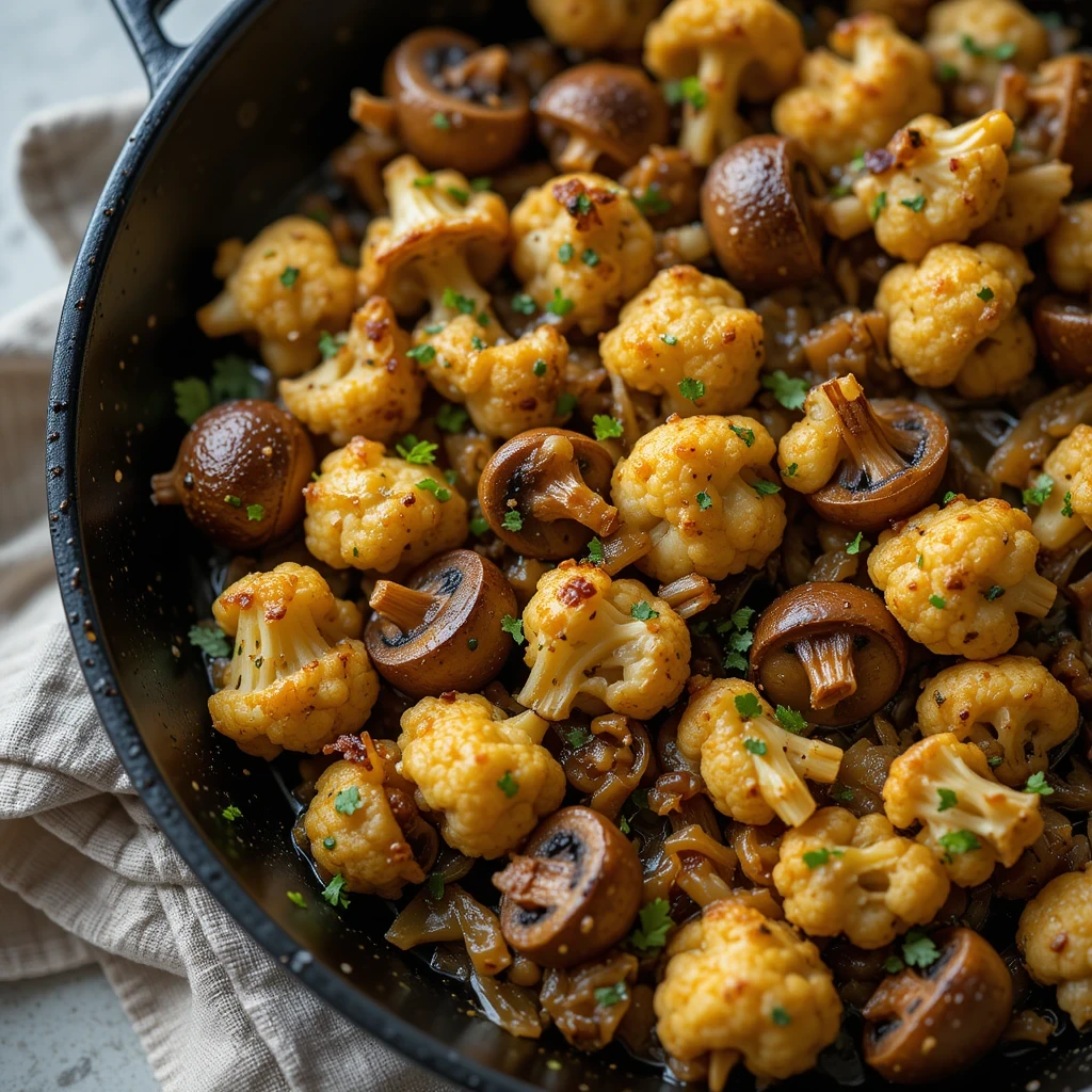 A delicious skillet of sautéed cauliflower and mushrooms, caramelized to perfection with a rich, golden-brown color, garnished with fresh herbs.