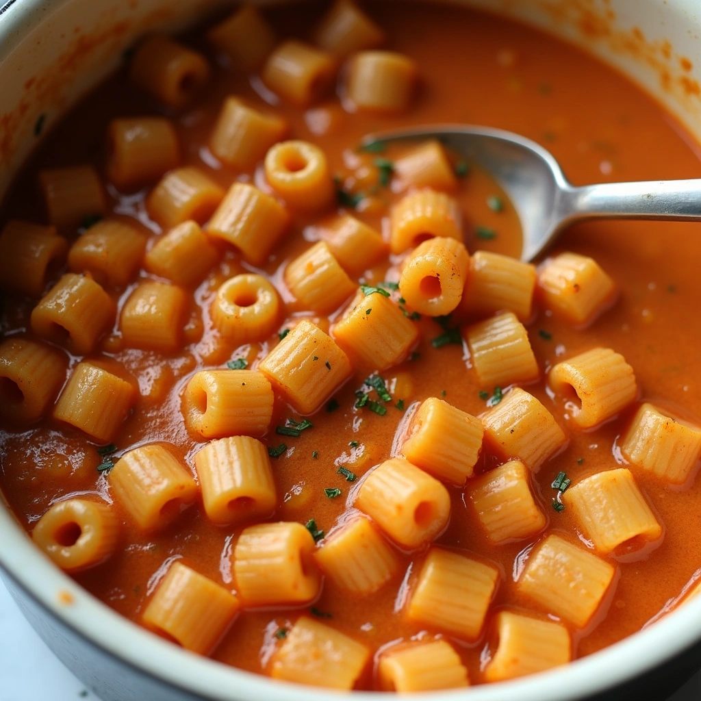 A bowl of ditalini pasta served in a rich, creamy tomato sauce, garnished with fresh herbs, with a stainless steel spoon resting inside.