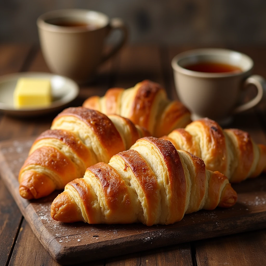 A breakfast spread featuring Gipfeli pastries, coffee, and fresh fruit, perfect for a delicious morning treat.