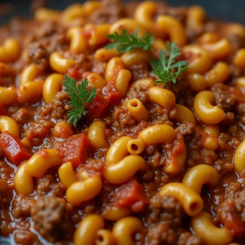 A hearty bowl of slumgullion recipe with ground beef, elbow macaroni, diced tomatoes, and bell peppers in a thick, flavorful tomato sauce, garnished with fresh herbs.