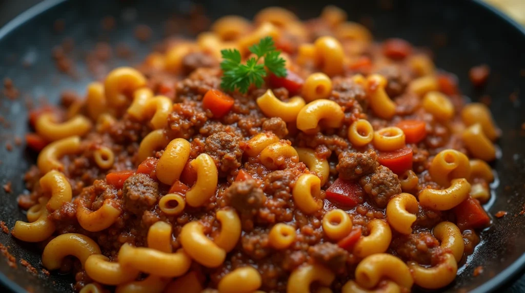 A hearty bowl of slumgullion recipe with ground beef, elbow macaroni, diced tomatoes, and bell peppers in a rich tomato sauce, garnished with fresh parsley.