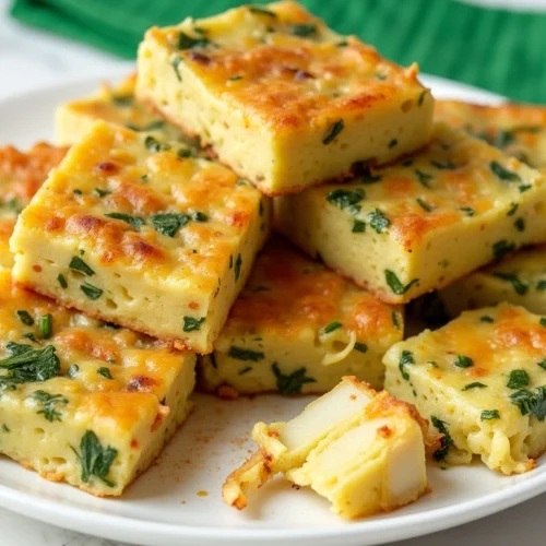 A freshly baked Starbucks Potato Chive Bake, cut into squares with a golden, crispy cheese top, creamy potato layers, and fresh chives, served on a white plate.