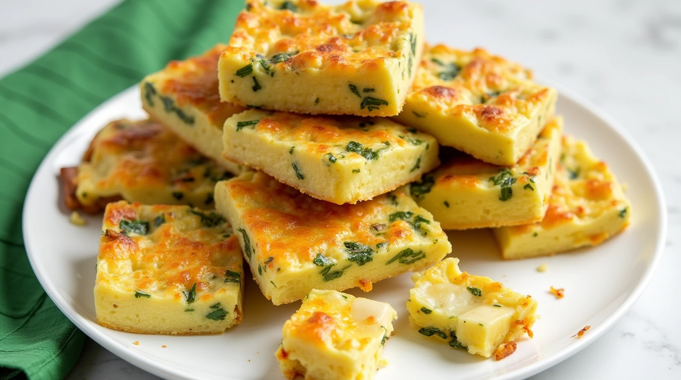 A golden-brown Starbucks Potato Chive Bake cut into squares, showing soft, cheesy potato layers with fresh chives, served on a white plate.