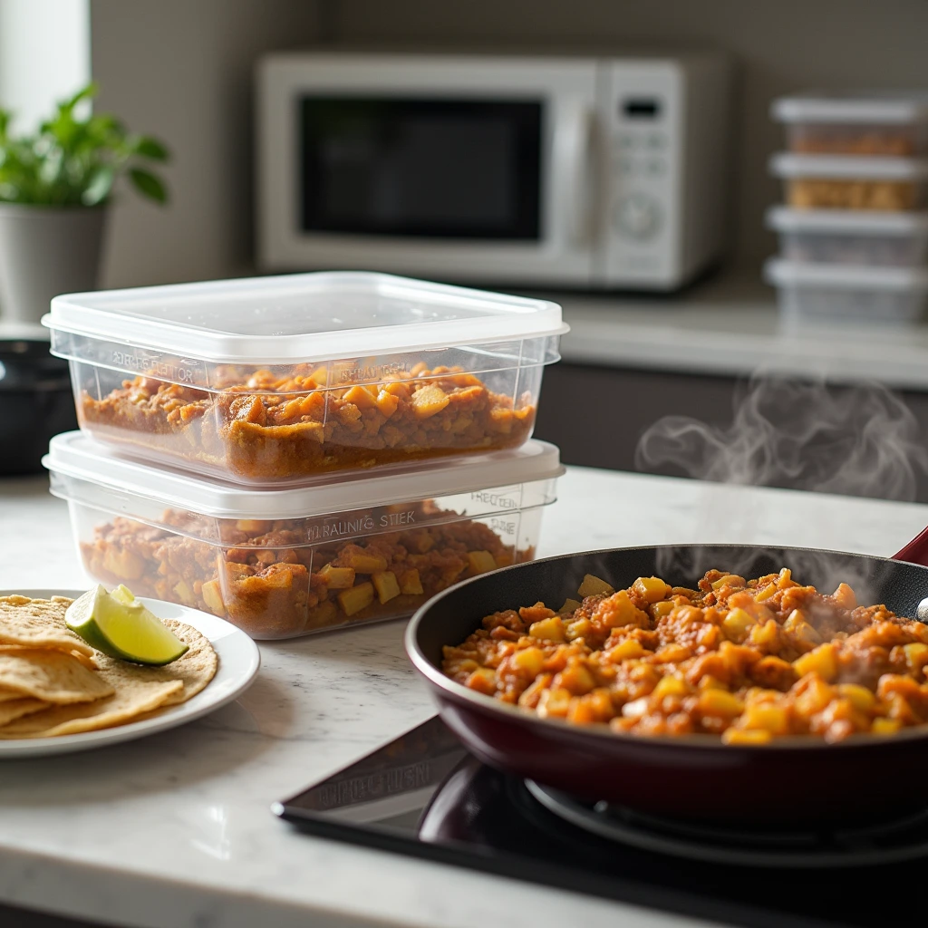 Airtight containers with leftover discada recipe, one stored in the fridge and another in the freezer, with a portion being reheated on a stovetop.