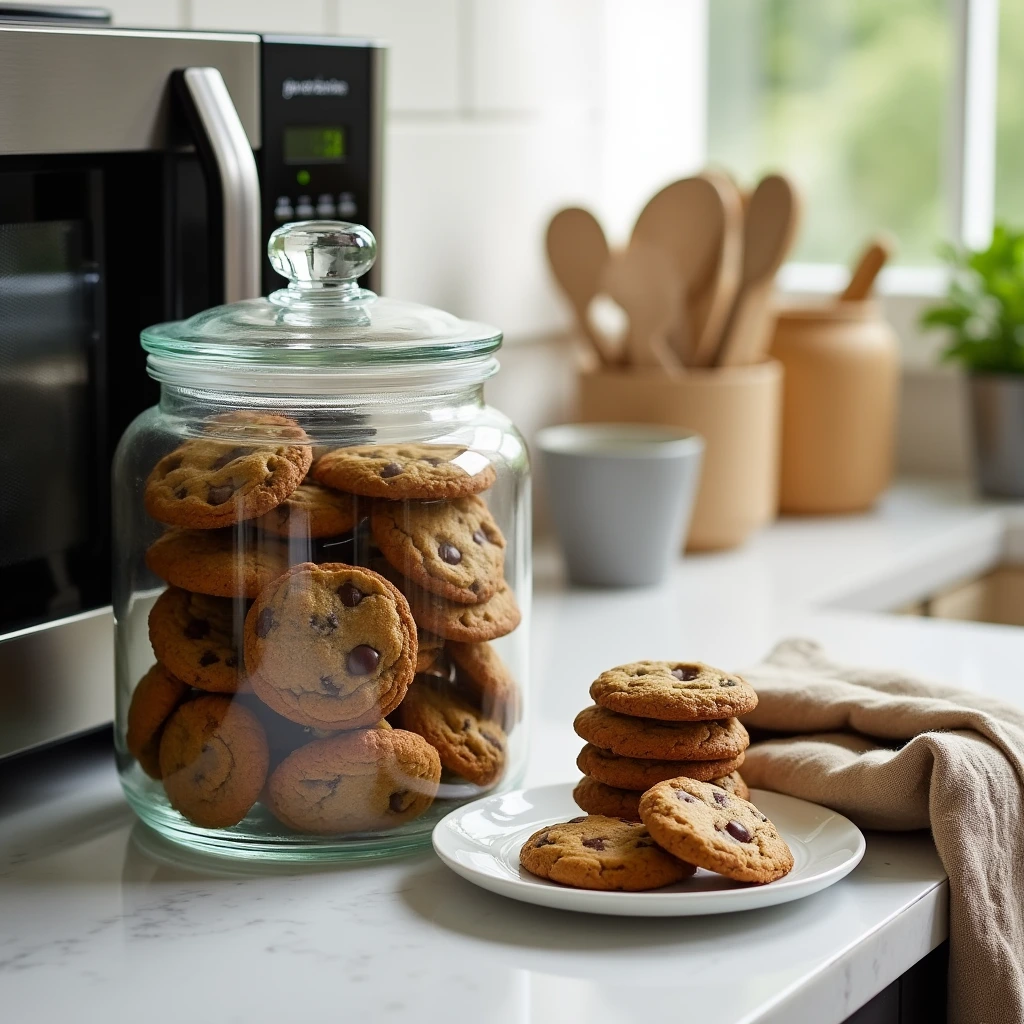 Jacques Torres chocolate chip cookies stored in a glass jar on a kitchen counter, with a plate of cookies beside it and a microwave in the background for reheating.