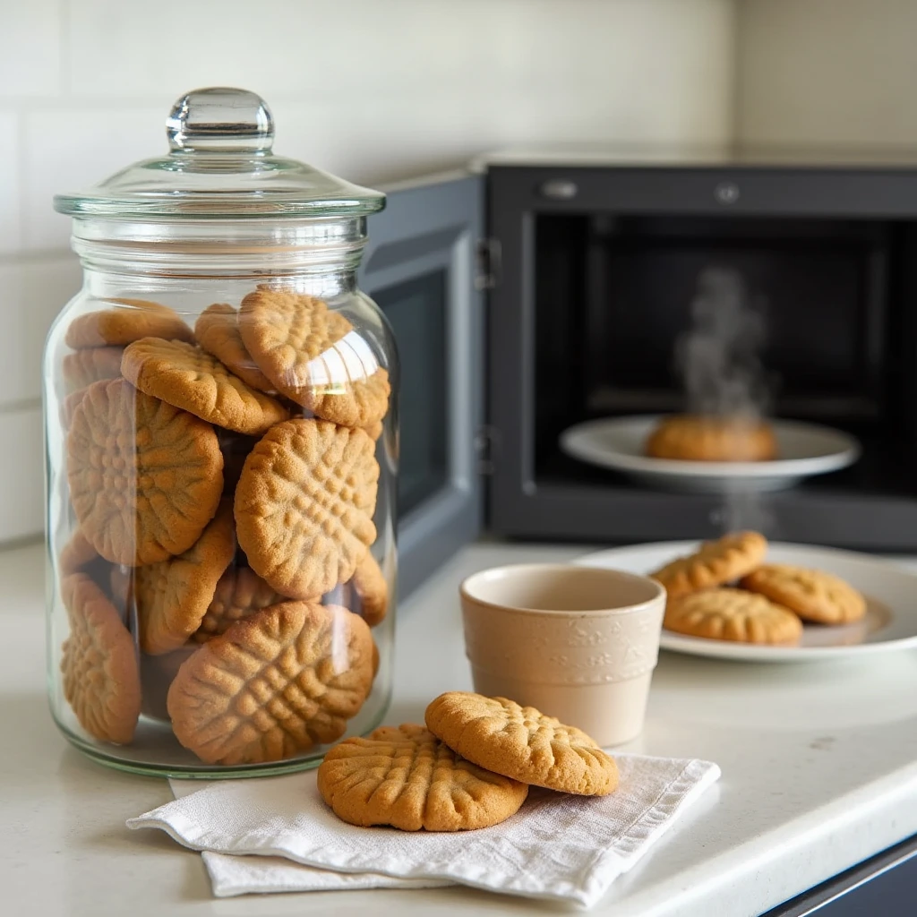 A jar filled with Jif peanut butter cookies, with a plate of reheated cookies in the background showing steam rising from a warm cookie.