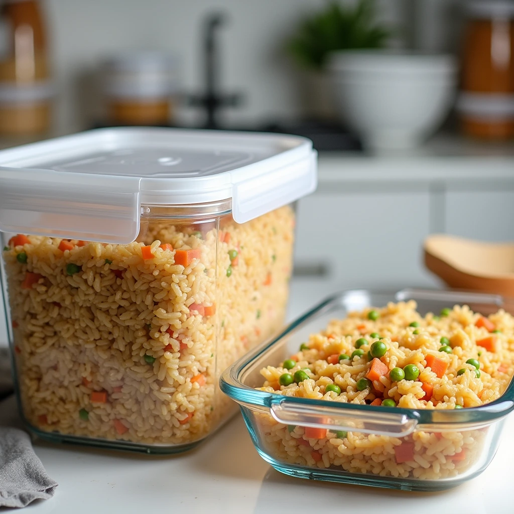 Stored Benihana chicken fried rice in airtight glass and plastic containers, ready for refrigeration or freezing, with a clean kitchen countertop in the background.