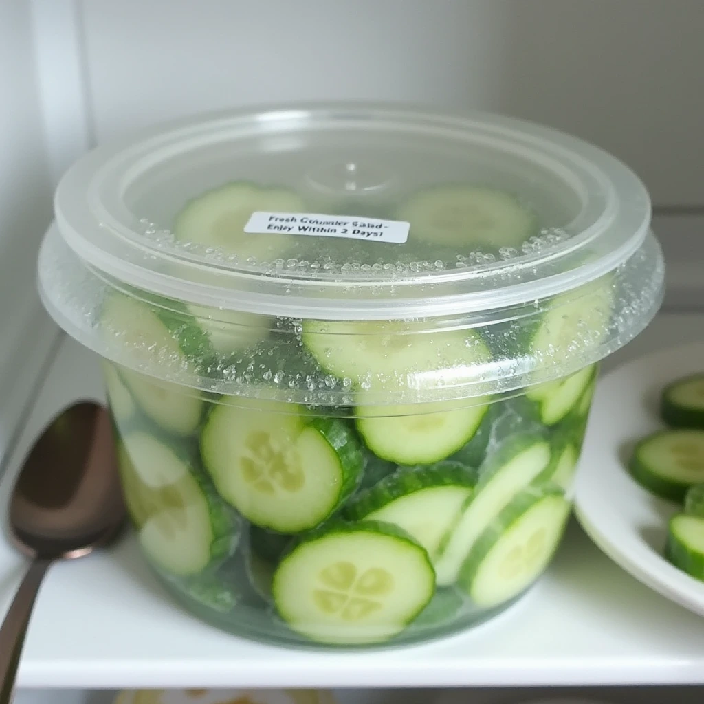 A sealed glass container with leftover Din Tai Fung cucumber salad, stored properly in a refrigerator with a freshness label.