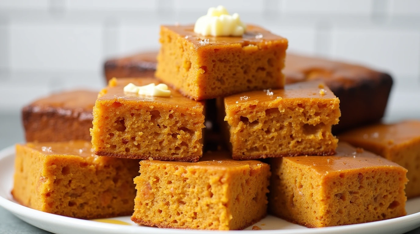 Moist and golden sweet potato cornbread squares stacked on a white plate, topped with melting butter and a drizzle of honey, showcasing a soft, fluffy texture.