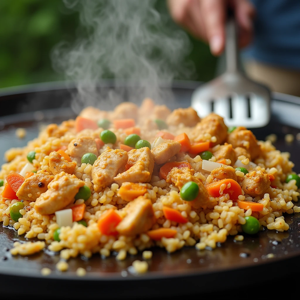 Freshly cooked Blackstone chicken fried rice sizzling on a griddle, featuring golden-brown chicken, diced carrots, peas, and fluffy rice, with steam rising as a spatula stirs the dish.