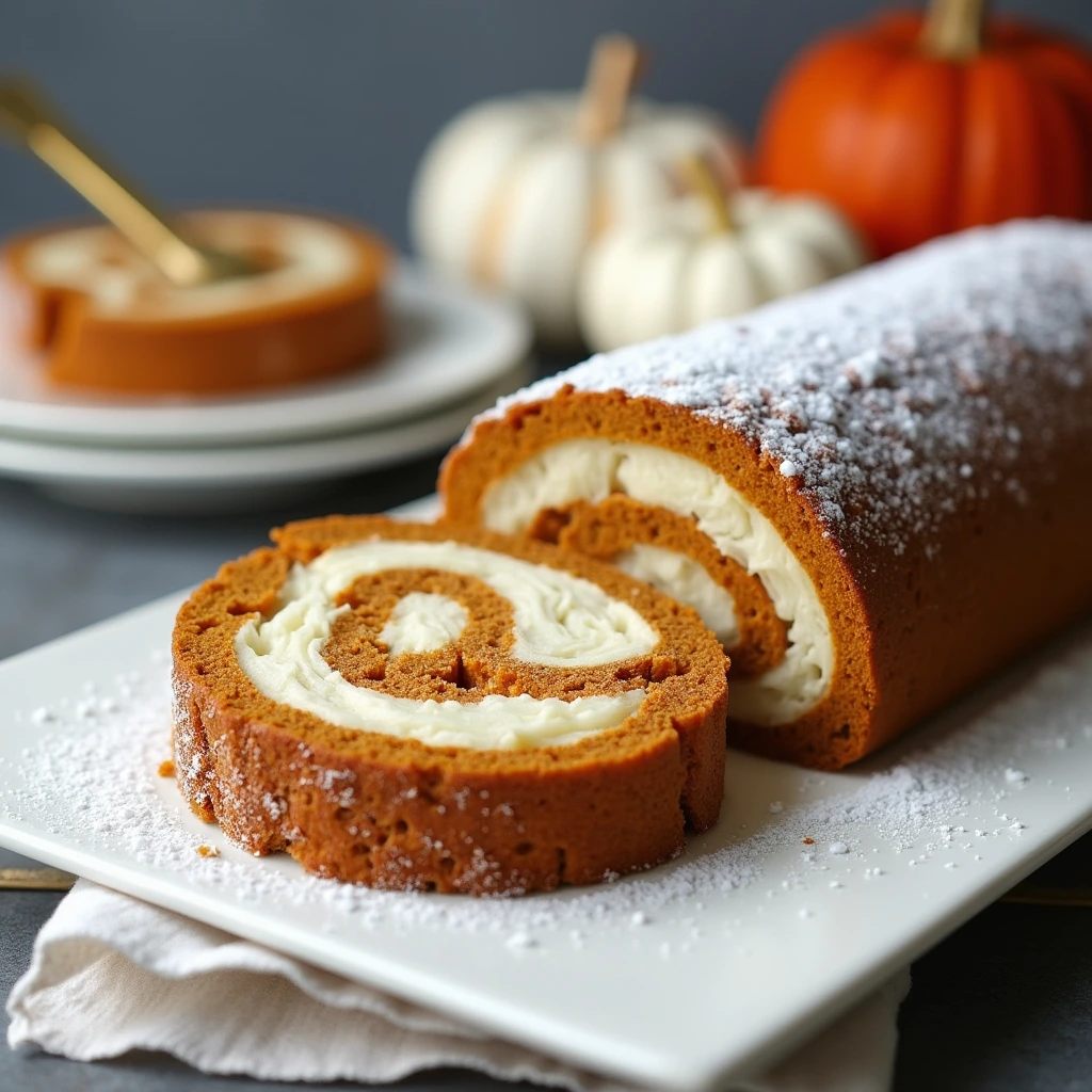 A freshly baked pumpkin roll with cream cheese filling, sliced on a white plate, dusted with powdered sugar, with pumpkins and autumn decor in the background.