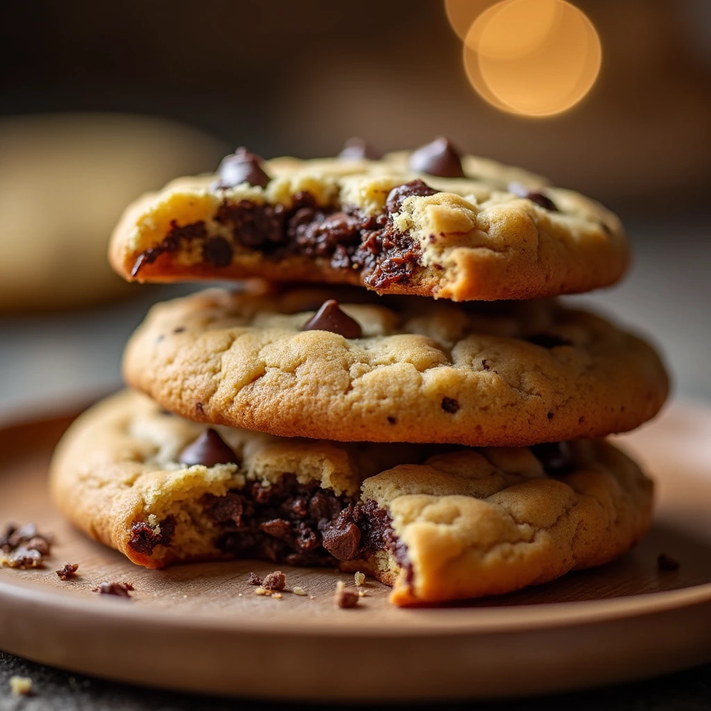 Stack of Jacques Torres chocolate chip cookies with a crispy golden crust and a gooey, melted chocolate center, placed on a wooden plate.