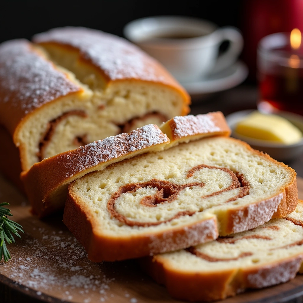 A freshly baked Amish cinnamon bread loaf with a golden crust, soft cinnamon-swirled interior, and a dusting of powdered sugar, served on a wooden board with butter, coffee, and warm candlelight in the background.