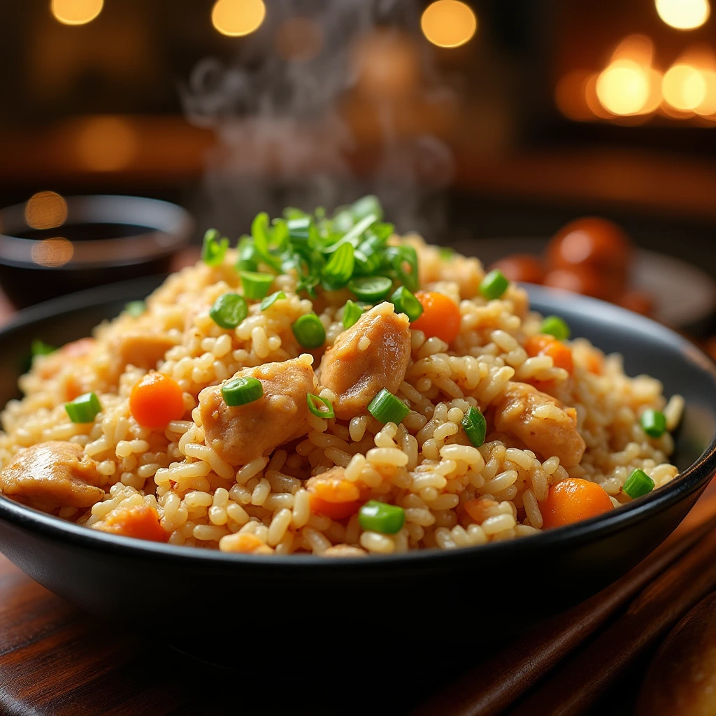 A steaming bowl of Benihana chicken fried rice, featuring golden-brown rice, tender chicken, diced carrots, and fresh green onions, served in a black bowl with a cozy hibachi-style ambiance in the background.