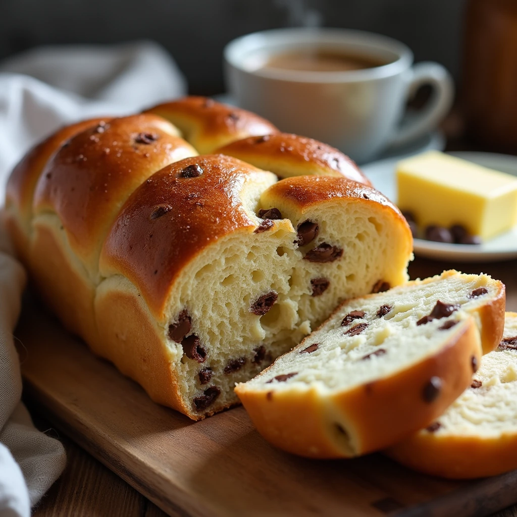 A close-up of a freshly baked braided chocolate chip brioche Recipe loaf with a golden crust and rich chocolate chips, perfect for a soft, indulgent treat.