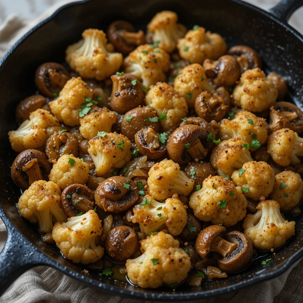 A cast-iron skillet filled with golden-brown cauliflower florets and sautéed mushrooms, garnished with fresh herbs, in a rich, flavorful sauce.
Cauliflower Mushroom Recipe