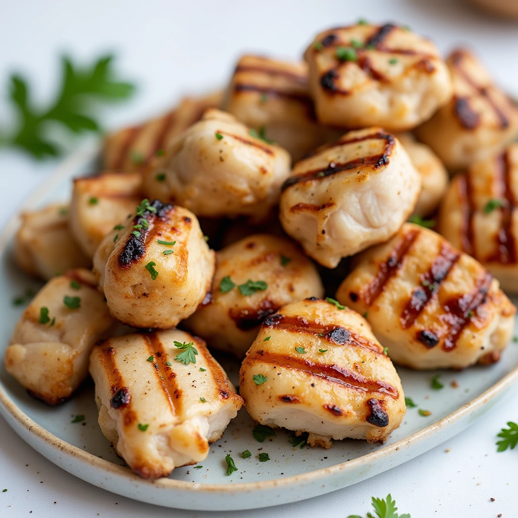 A plate of homemade Chick Fil A grilled nuggets with golden grill marks, garnished with fresh parsley, served on a rustic ceramic dish.