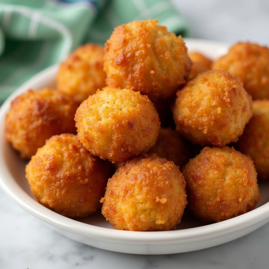 A white plate filled with golden, crispy crab balls with a crunchy breadcrumb coating, served fresh and ready to enjoy as a seafood appetizer.