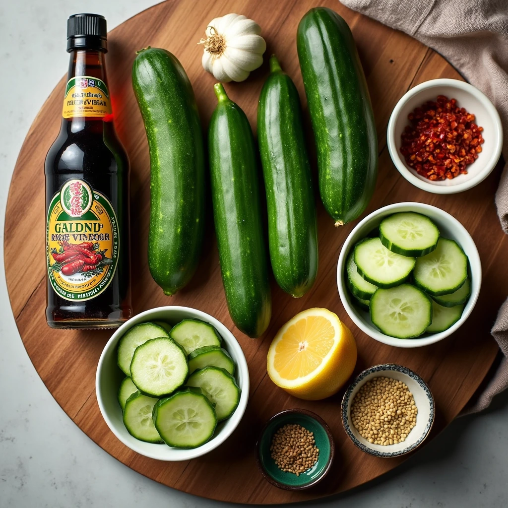 Fresh ingredients for Din Tai Fung cucumber salad, including cucumbers, soy sauce, garlic, rice vinegar, sesame seeds, and chili flakes, arranged on a wooden cutting board.