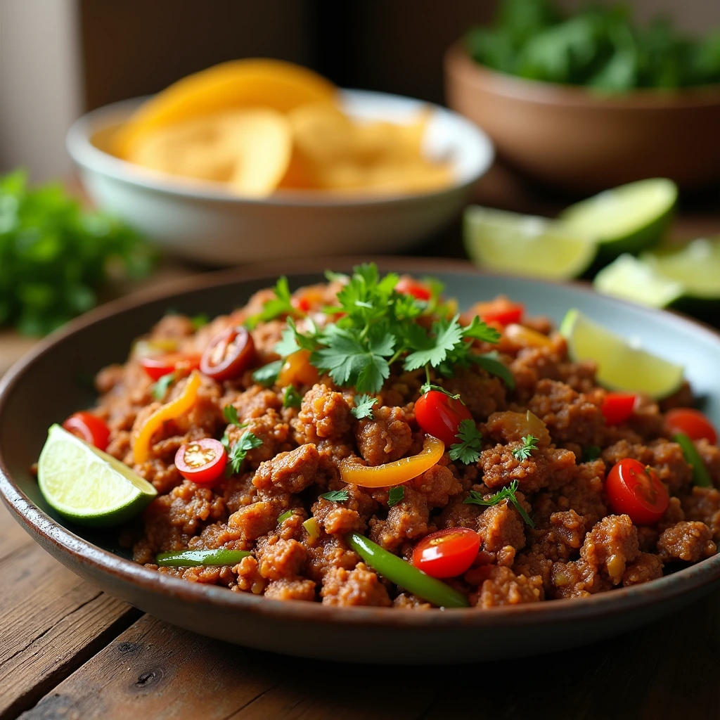 A delicious and vibrant discada recipe served with warm tortillas, fresh cilantro, and lime wedges on a rustic wooden table.