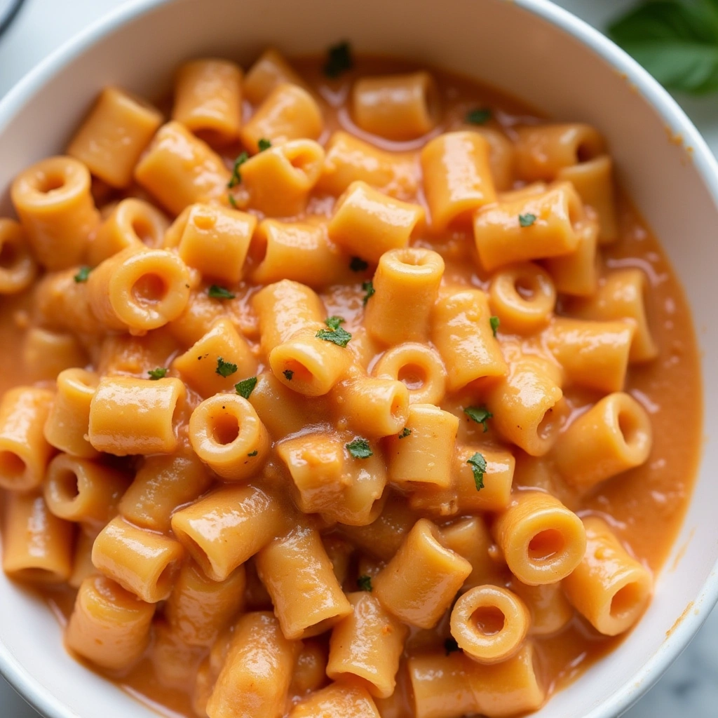 A creamy bowl of ditalini pasta in a rich tomato sauce, garnished with fresh herbs, served in a white dish, creating a warm and inviting meal.