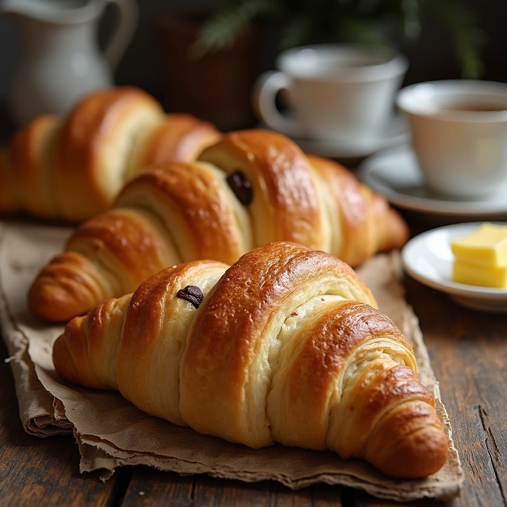 A freshly baked Gipfeli pastry with golden layers and chocolate filling, highlighting its flaky texture.