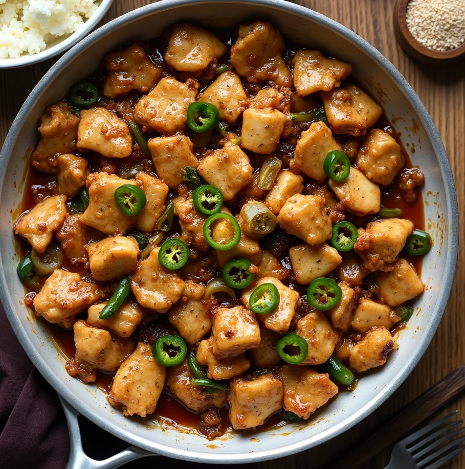 A skillet filled with tender, golden-brown Jalapeno Chicken Recipe pieces coated in a rich, spicy sauce, garnished with fresh sliced jalapeños, served on a rustic wooden table.