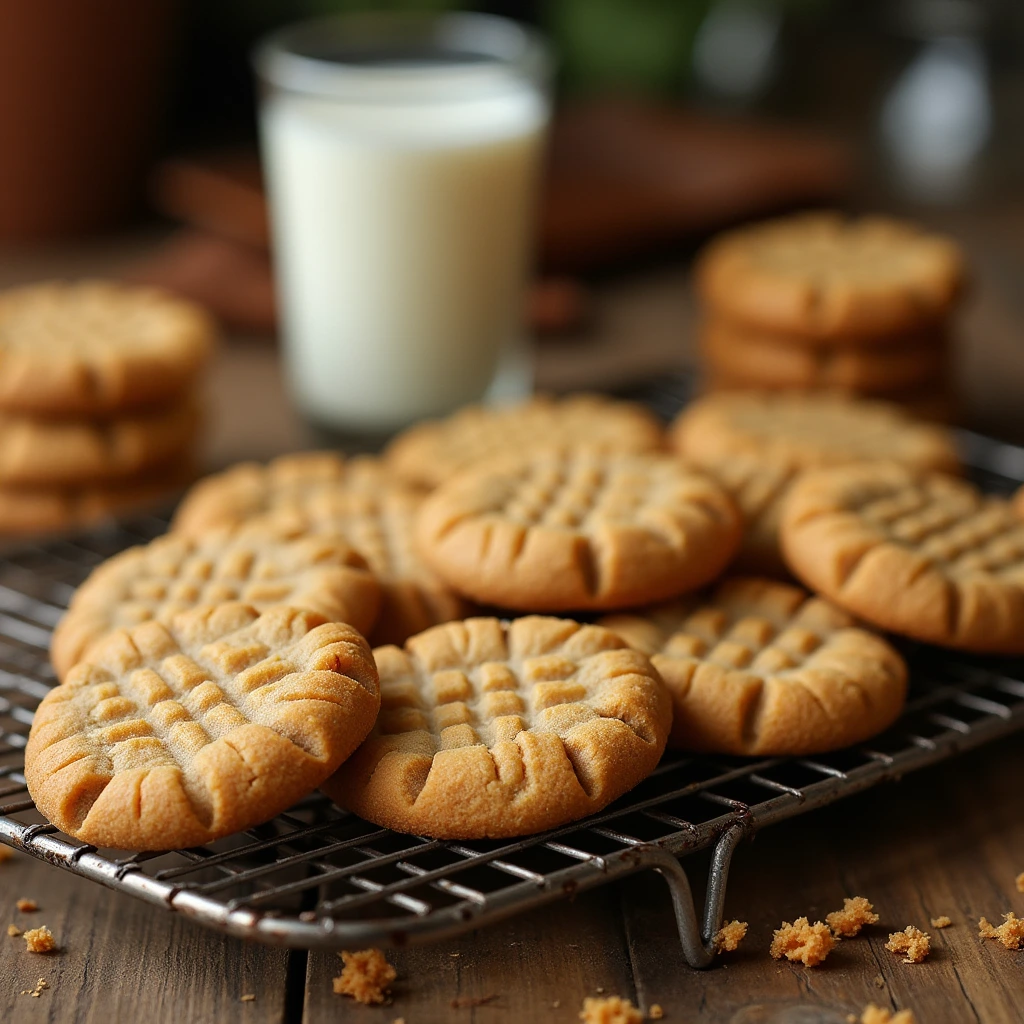 Freshly baked Jif peanut butter cookies with a crisscross pattern cooling on a wire rack beside a glass of milk on a rustic wooden table.