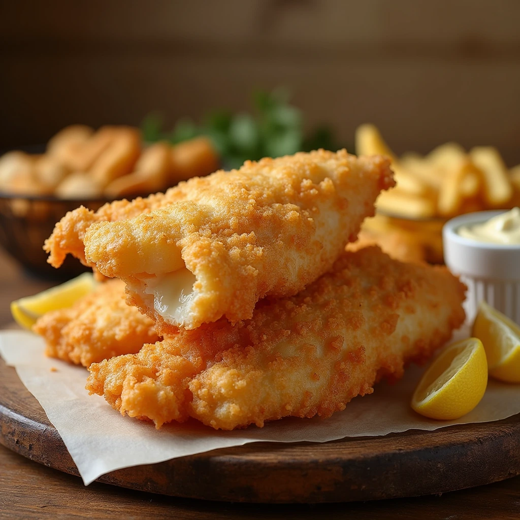 Golden, crispy fried fish fillets made with the Long John Silvers batter recipe, with a flaky white interior, served with tartar sauce, thick-cut fries, and lemon wedges on a rustic wooden board.