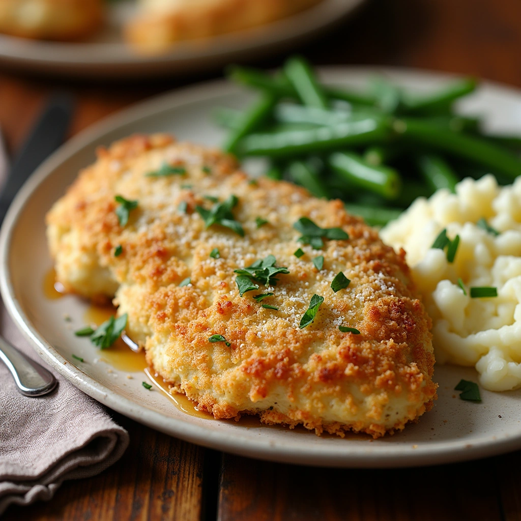 A perfectly plated Longhorn Parmesan Crusted Chicken with a crispy golden parmesan crust, garnished with fresh parsley, served alongside mashed potatoes and green beans on a rustic beige plate.