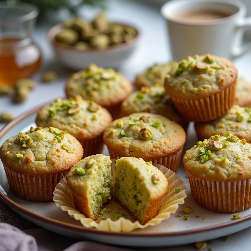 A plate of freshly baked pistachio muffins, golden brown and topped with chopped pistachios, with one muffin cut in half showing its soft, green interior. A cup of coffee and a bowl of pistachios are in the background, creating a cozy breakfast setting.